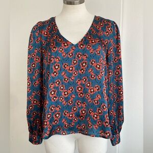 Lush Floral V-Neck Blouse - Red and Blue